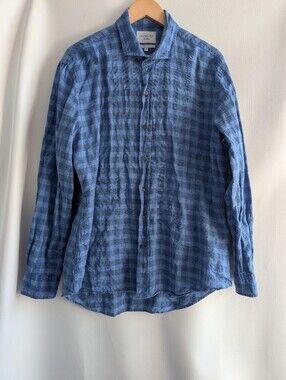 Ledbury Blue Check Linen Cotton Button-Down Shirt Tailored Fit - XL
